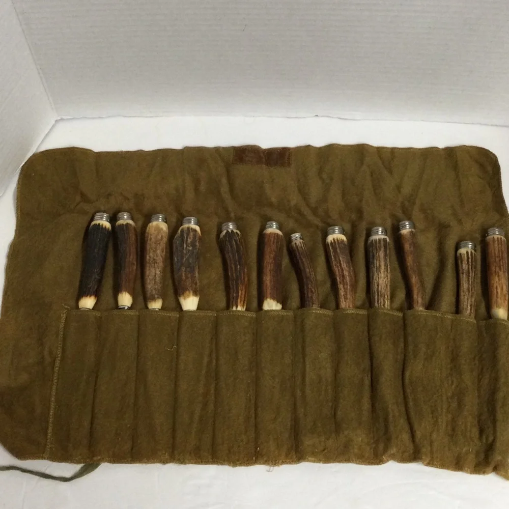 Vintage Stag Horn Flatware Antler Handle Steak Knife & Fork Set 12 Rustic Brown